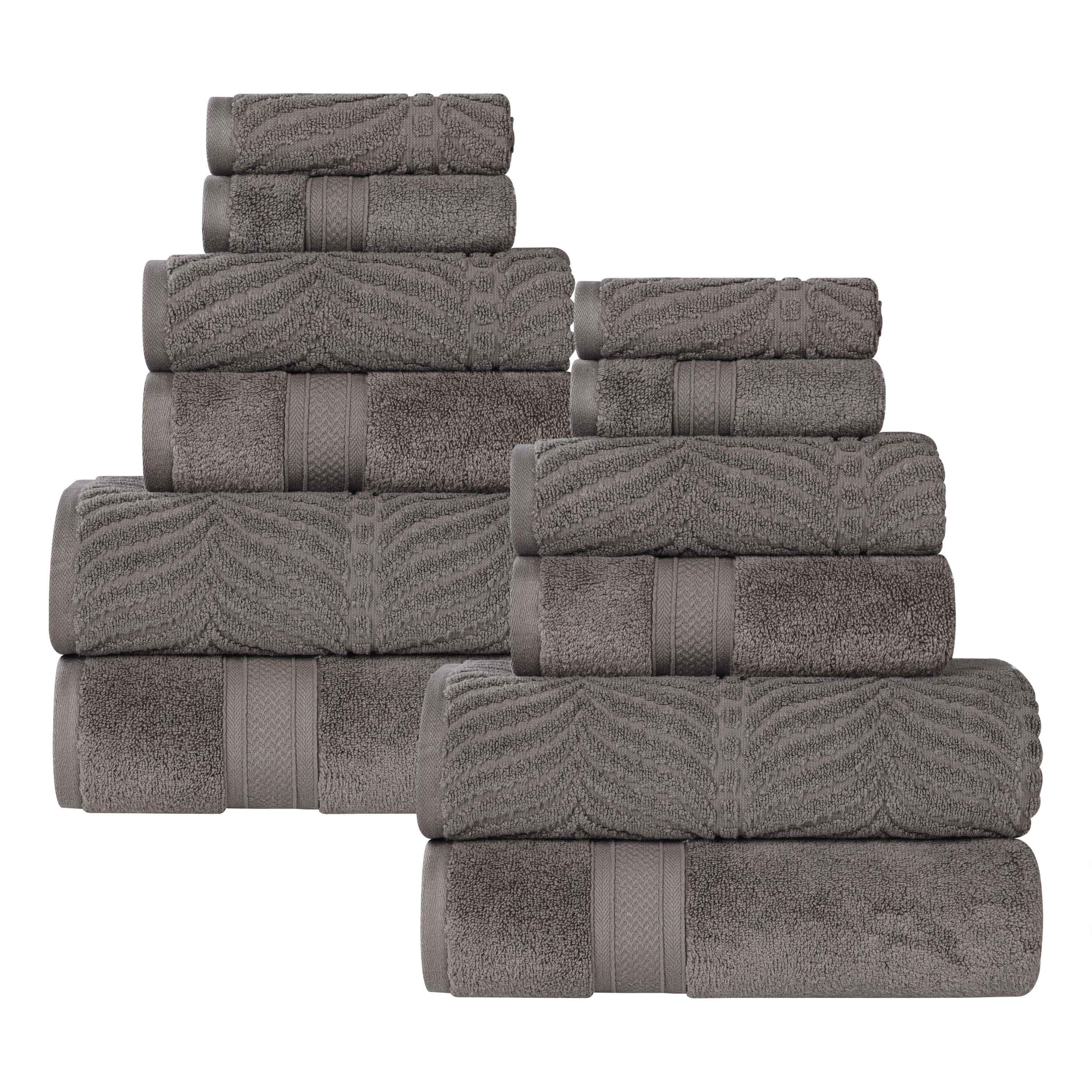 Chevron Zero Twist Solid and Jacquard Soft Cotton 12 Piece Towel Set