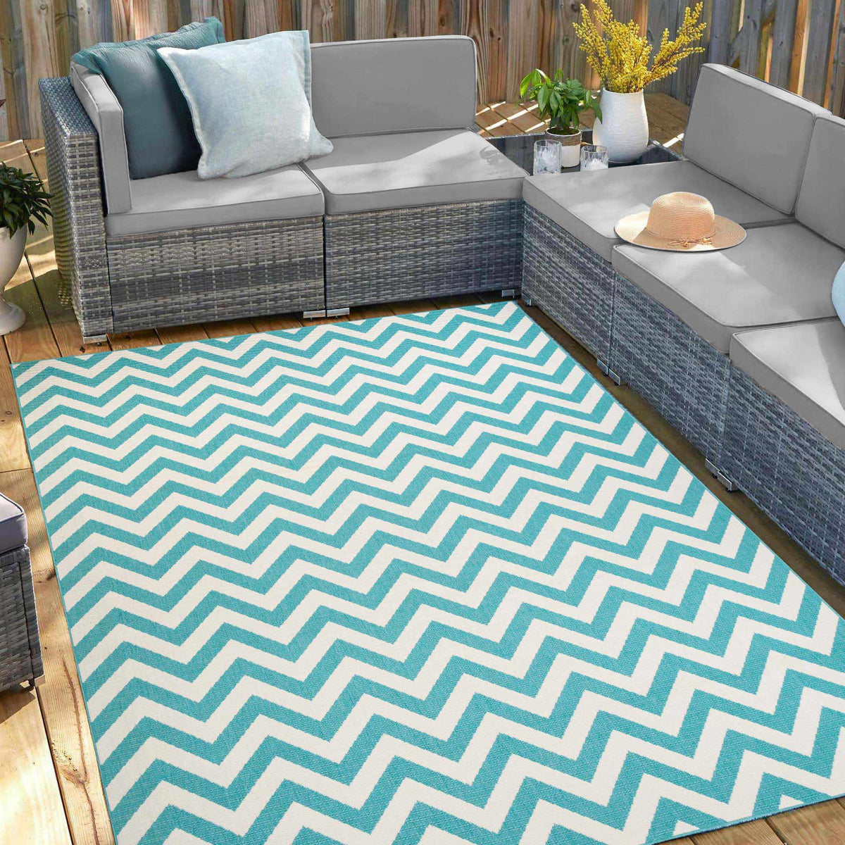 Coastal Herringbone Chevron Indoor Outdoor Area Rug
