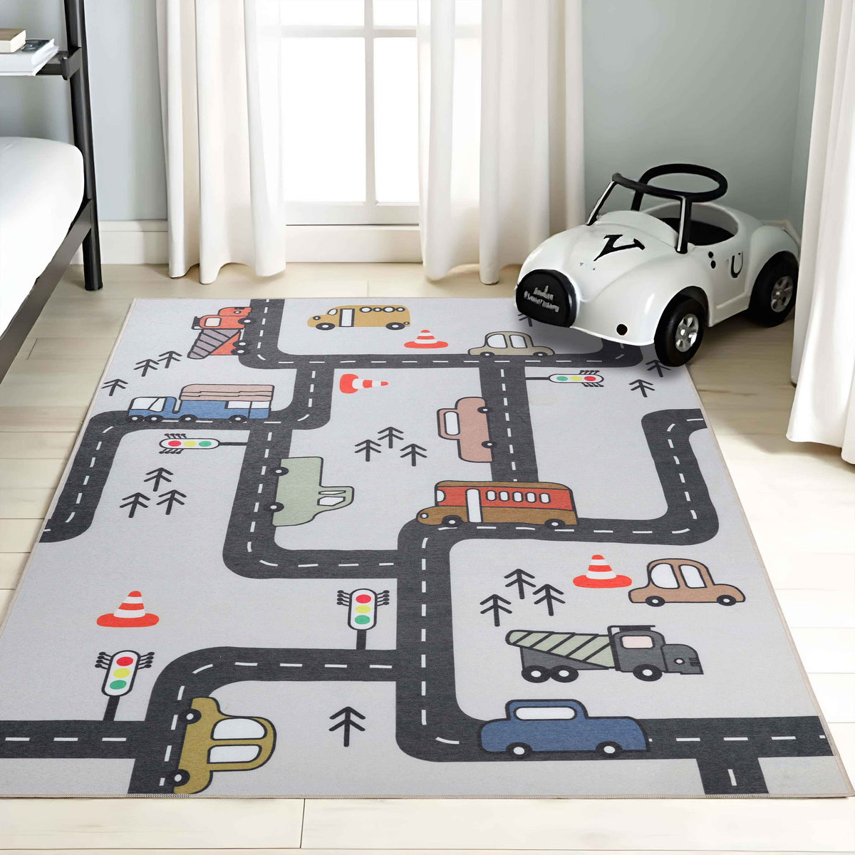 Construction Zone Non-Slip Kids Playroom  Washable Indoor Area Rug