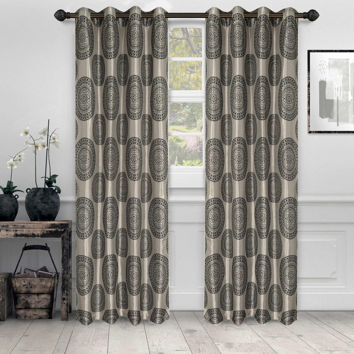 Cordon Jacquard Grommet Floral Medallion Curtain Panel Set