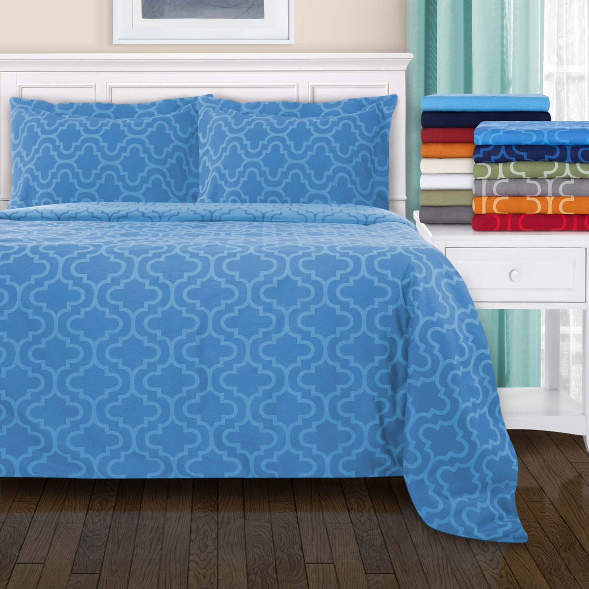 Cotton Flannel Solid Trellis Duvet Cover Set with Button Closure