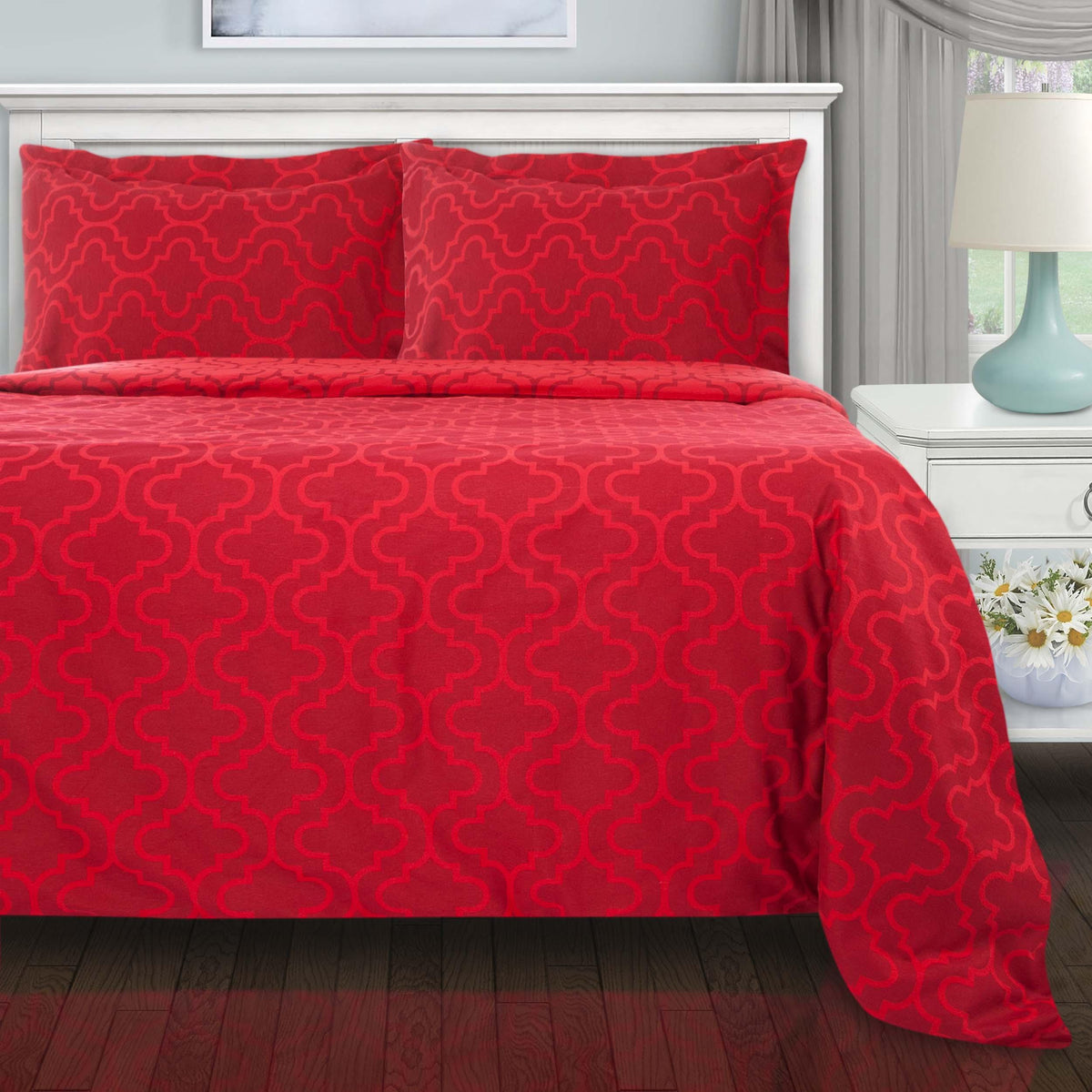Cotton Flannel Solid Trellis Duvet Cover Set with Button Closure