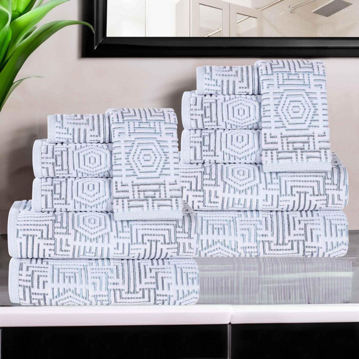 Cotton Modern Geometric Jacquard Plush Absorbent 12 Piece Towel Set