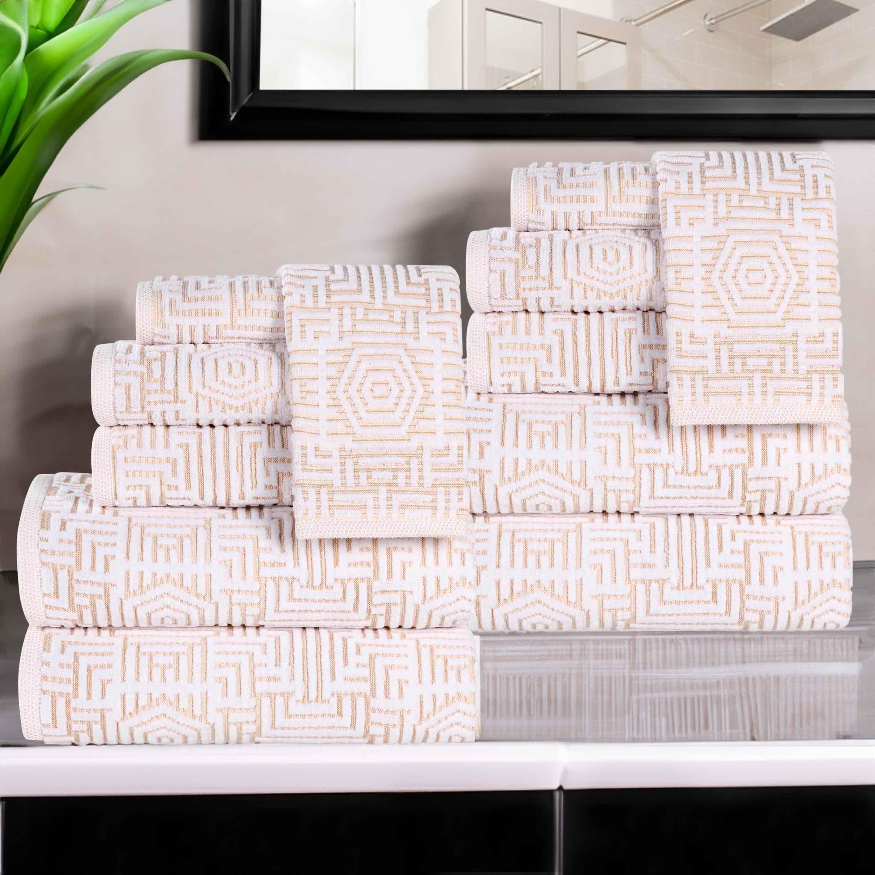 Cotton Modern Geometric Jacquard Plush Absorbent 12 Piece Towel Set