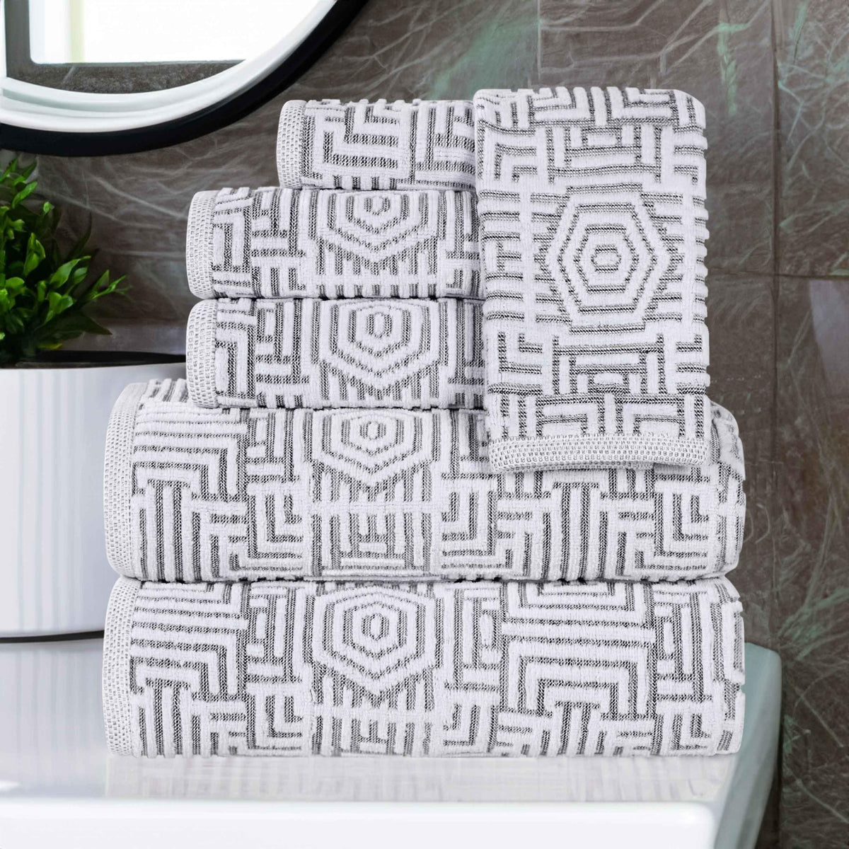 Cotton Modern Geometric Jacquard Plush Absorbent 6 Piece Towel Set