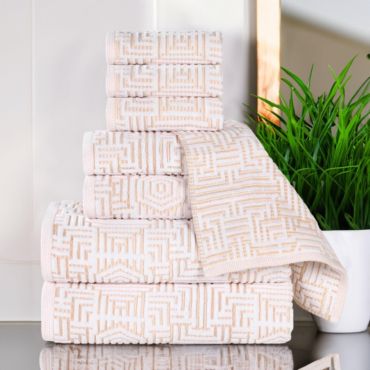 Cotton Modern Geometric Jacquard Plush Absorbent 8 Piece Towel Set