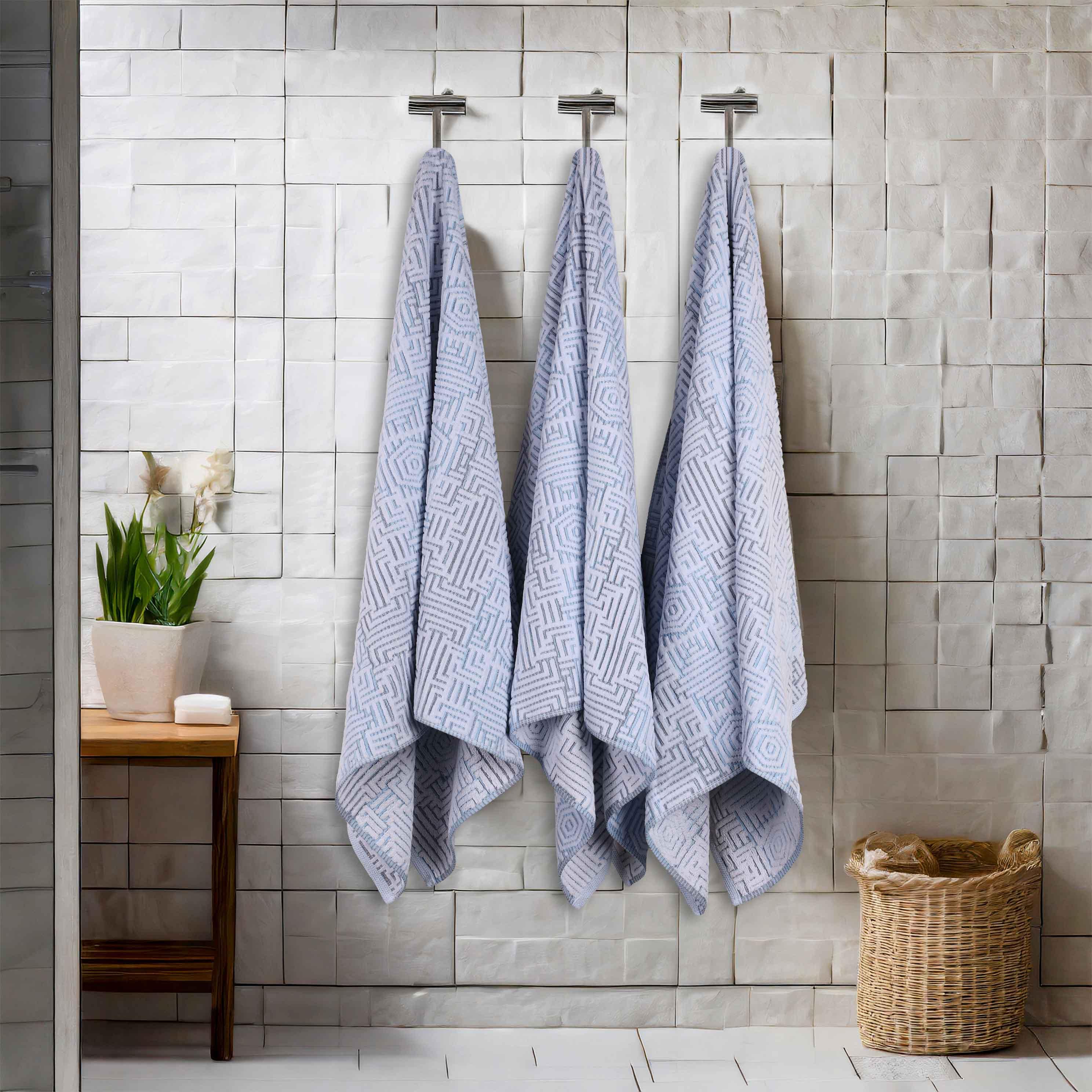 Cotton Modern Geometric Jacquard Plush Absorbent Bath Towel Set of 3