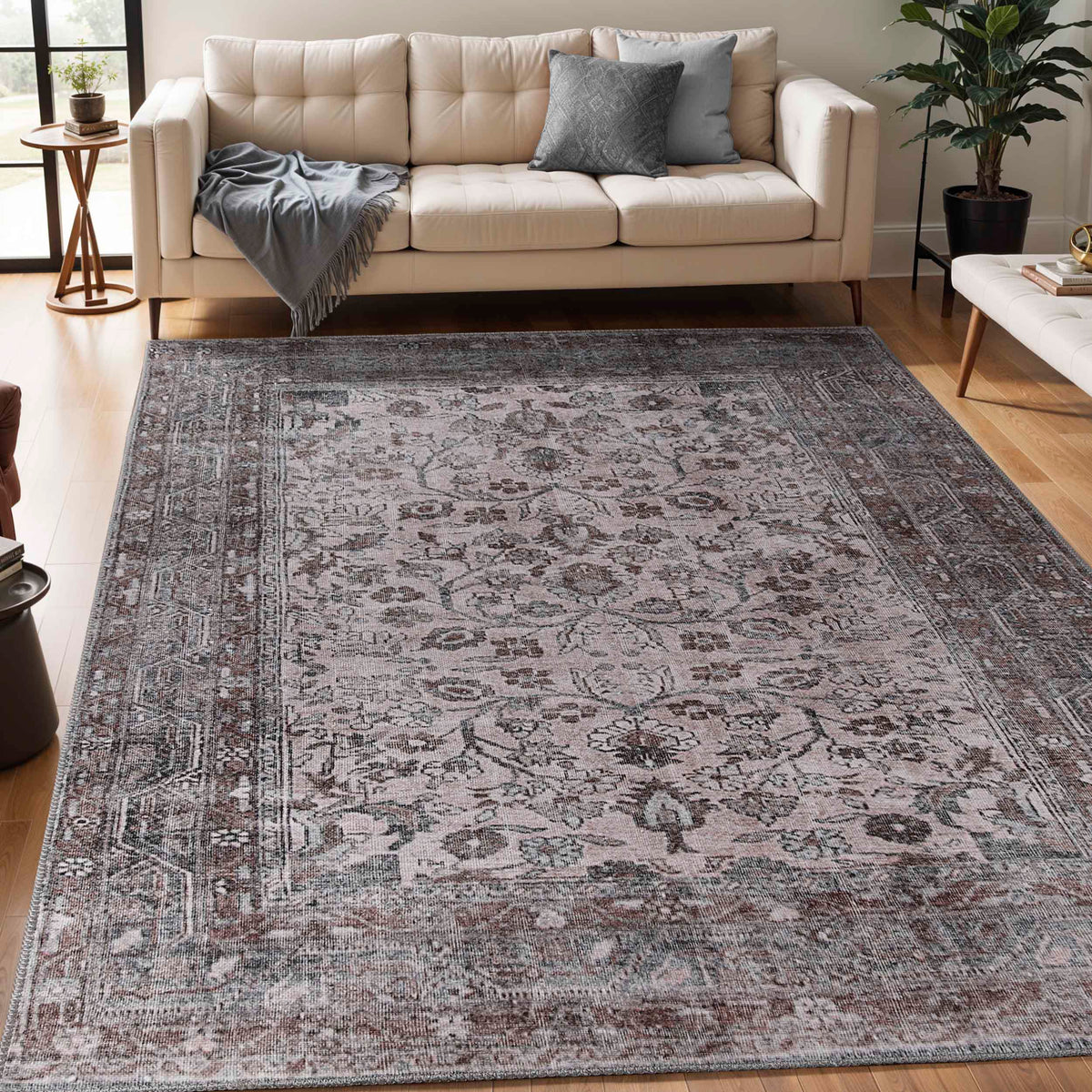Distressed Floral Medallion Indoor Area Rug Dark Walnut