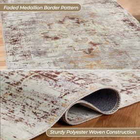 Dove Rustic Distressed Faded Medallion Washable Indoor Area Rug
