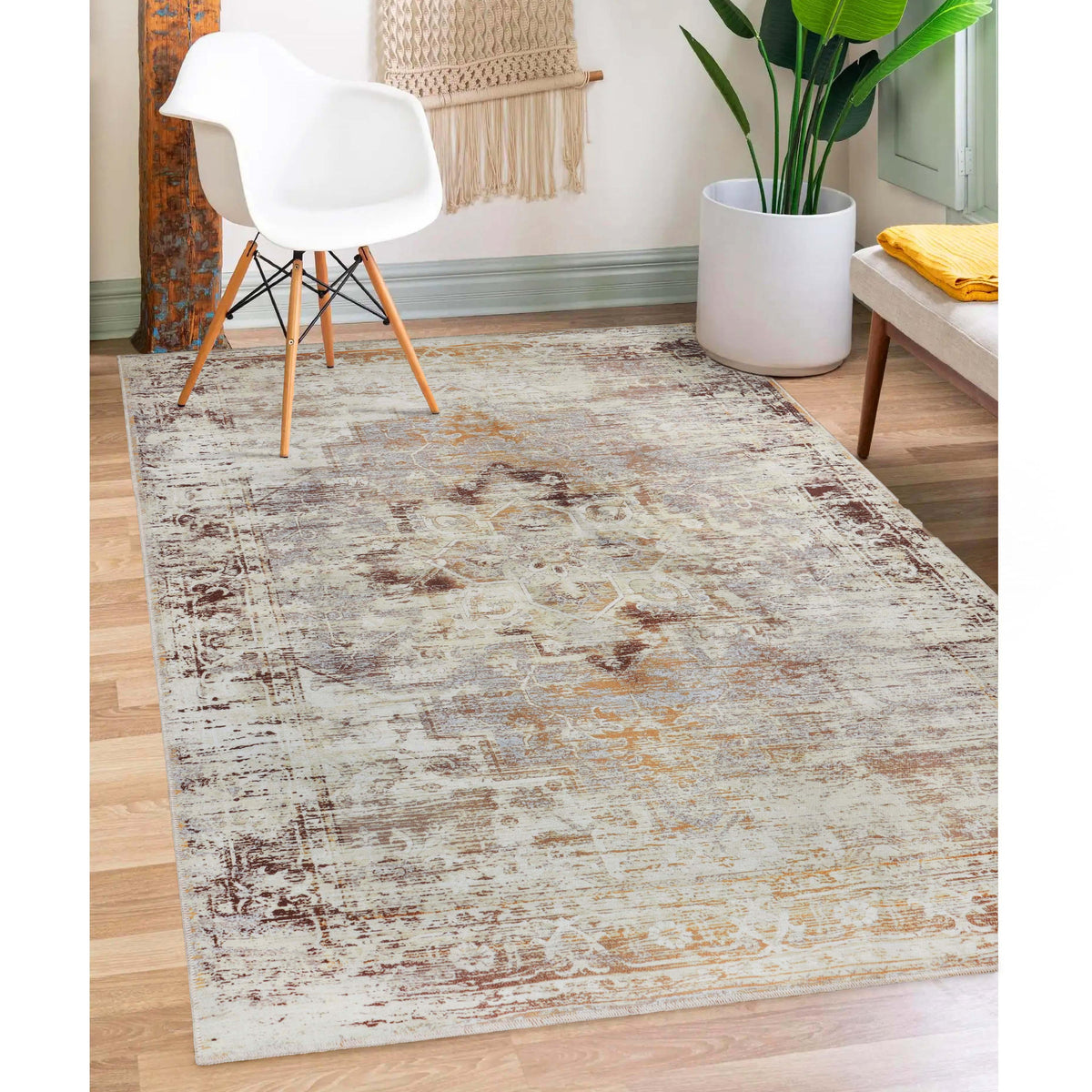 Dove Rustic Distressed Faded Medallion Washable Indoor Area Rug