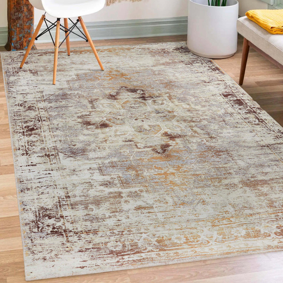 Dove Rustic Distressed Faded Medallion Washable Indoor Area Rug
