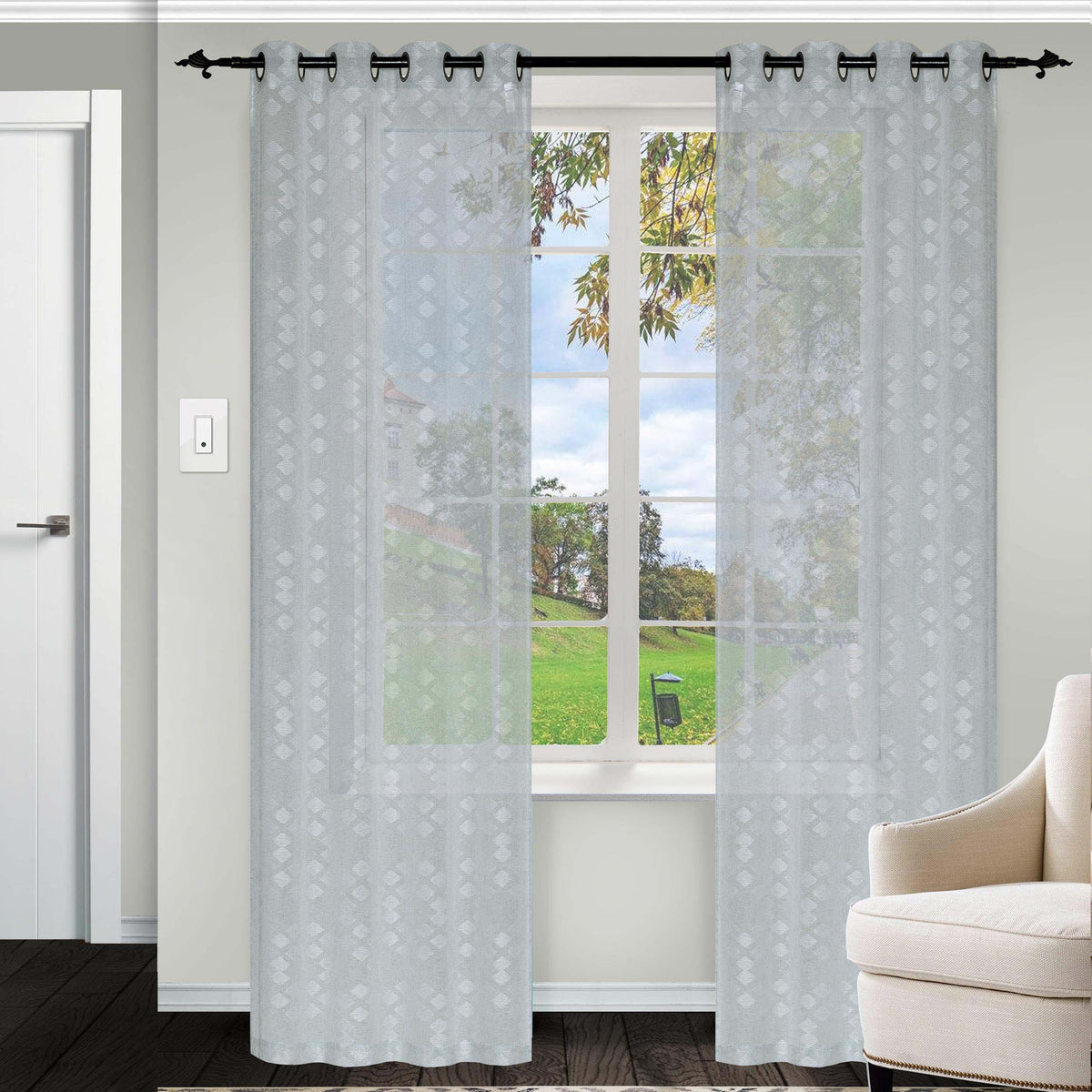 Embroidered Argyle Sheer Grommet Curtain Panel Set