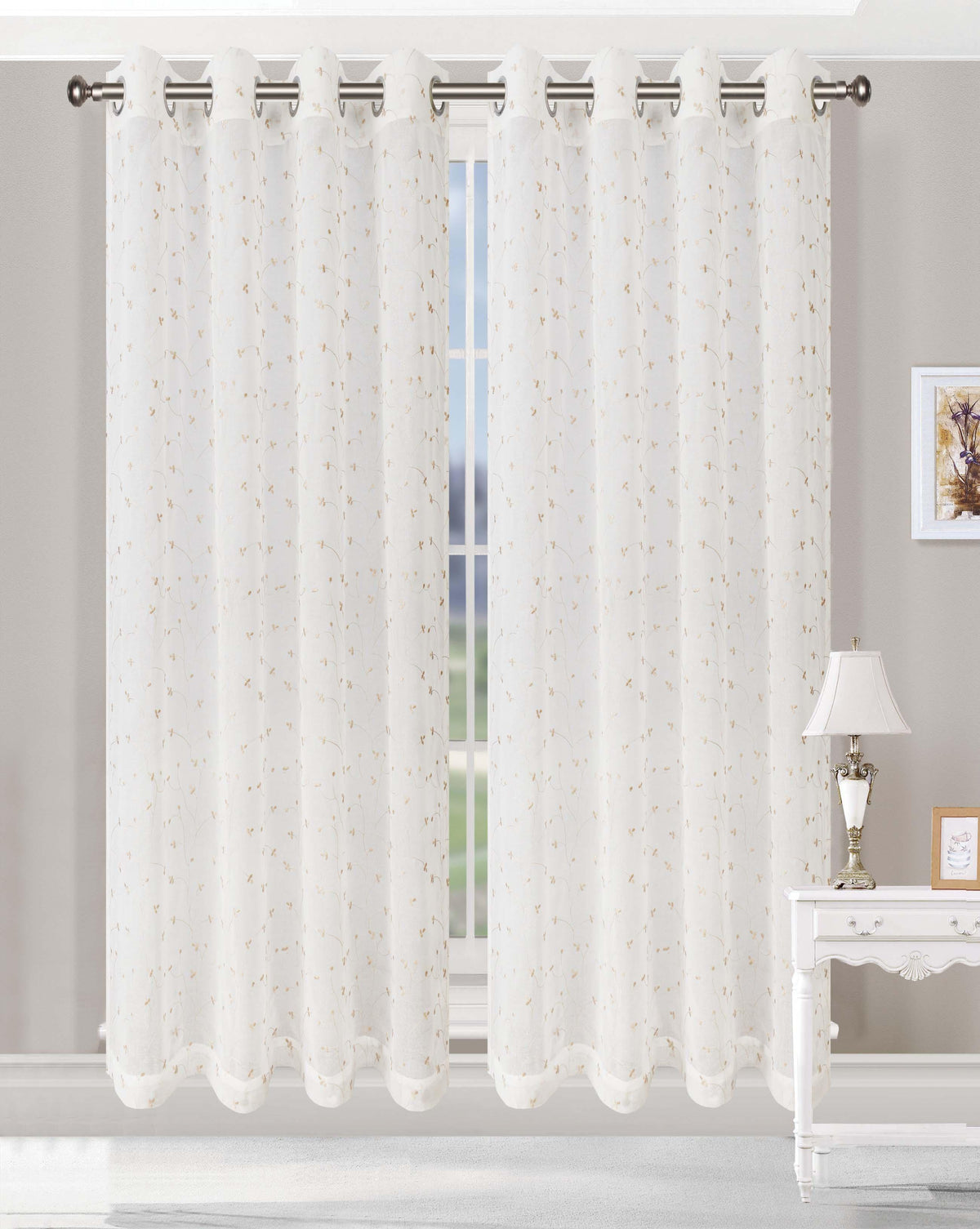 Embroidered Delicate Flower Sheer Grommet Curtain Panel Set