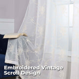 Embroidered Elegant Scroll Sheer Grommet Curtain Panel Set