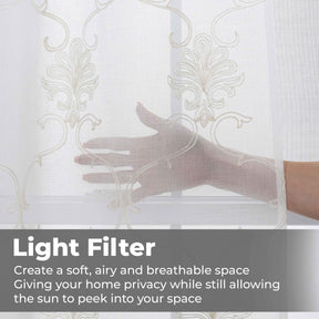 Embroidered Elegant Scroll Sheer Grommet Curtain Panel Set