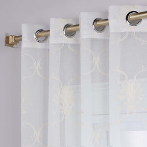 Embroidered Elegant Scroll Sheer Grommet Curtain Panel Set