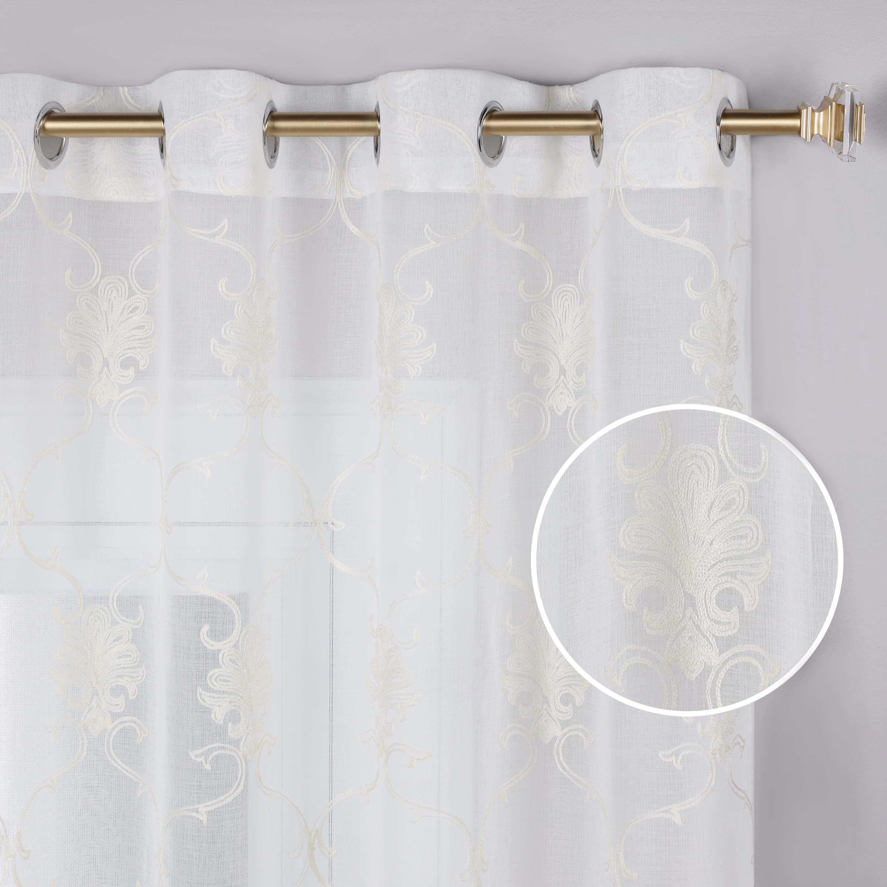Embroidered Elegant Scroll Sheer Grommet Curtain Panel Set