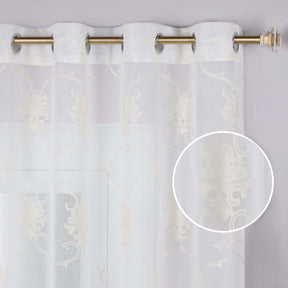 Embroidered Elegant Scroll Sheer Grommet Curtain Panel Set