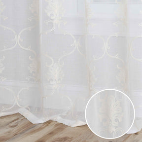 Embroidered Elegant Scroll Sheer Grommet Curtain Panel Set