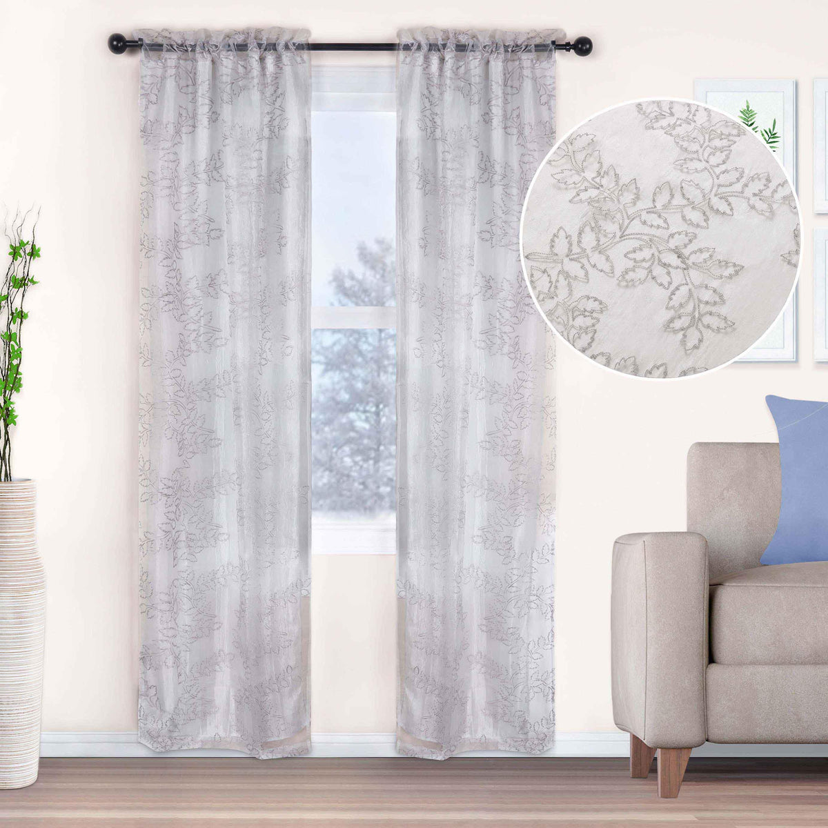 Embroidered Foliage Grommet Sheer Curtain Panel Set
