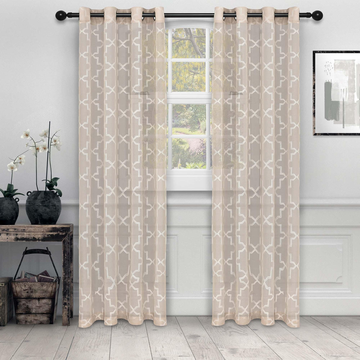 Embroidered Quatrefoil Semi Sheer 2 Piece Curtain Panel Set