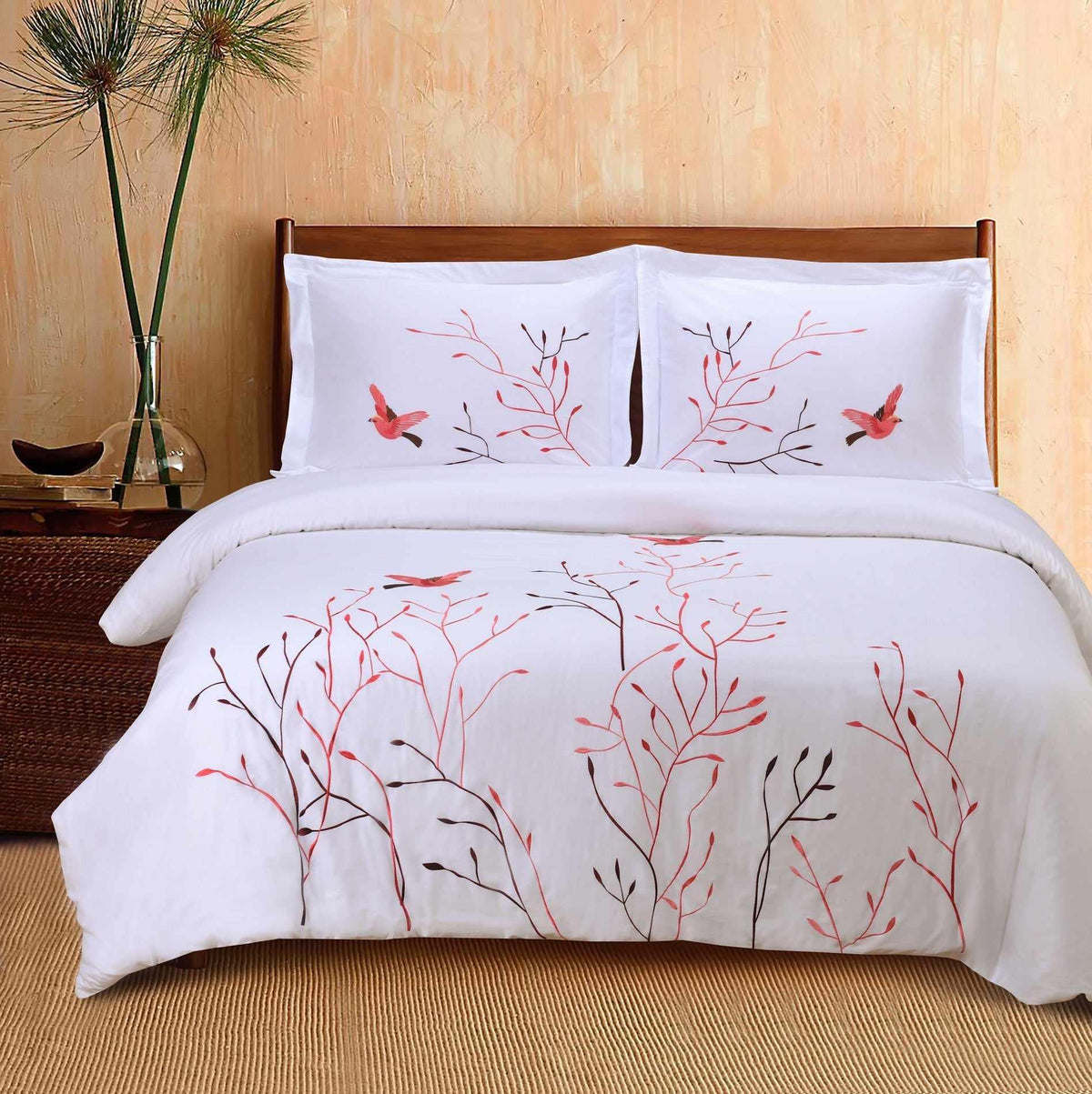 Embroidered Swallow and Floral Cotton Duvet Cover Set