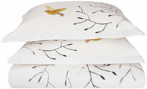 Embroidered Swallow and Floral Cotton Duvet Cover Set