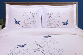 Embroidered Swallow and Floral Cotton Duvet Cover Set