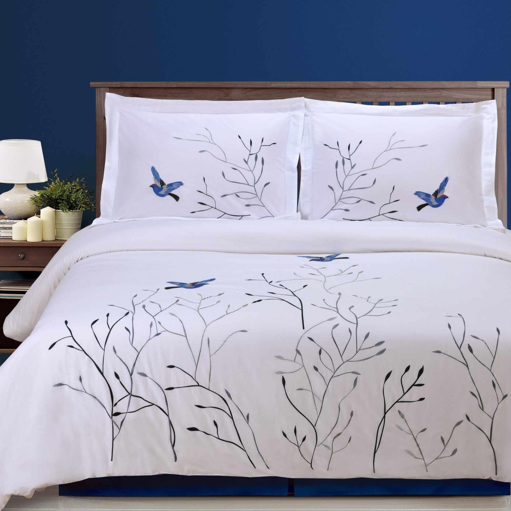 Embroidered Swallow and Floral Cotton Duvet Cover Set