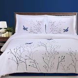 Embroidered Swallow and Floral Cotton Duvet Cover Set