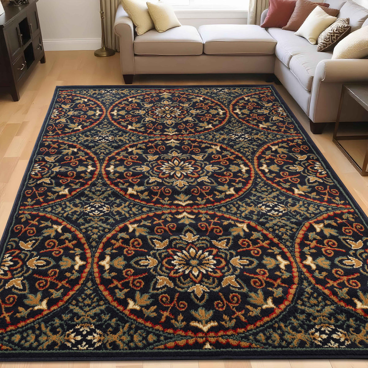 Fancy Geometric Medallion Floral Traditional Indoor Area Rug Midnight Blue