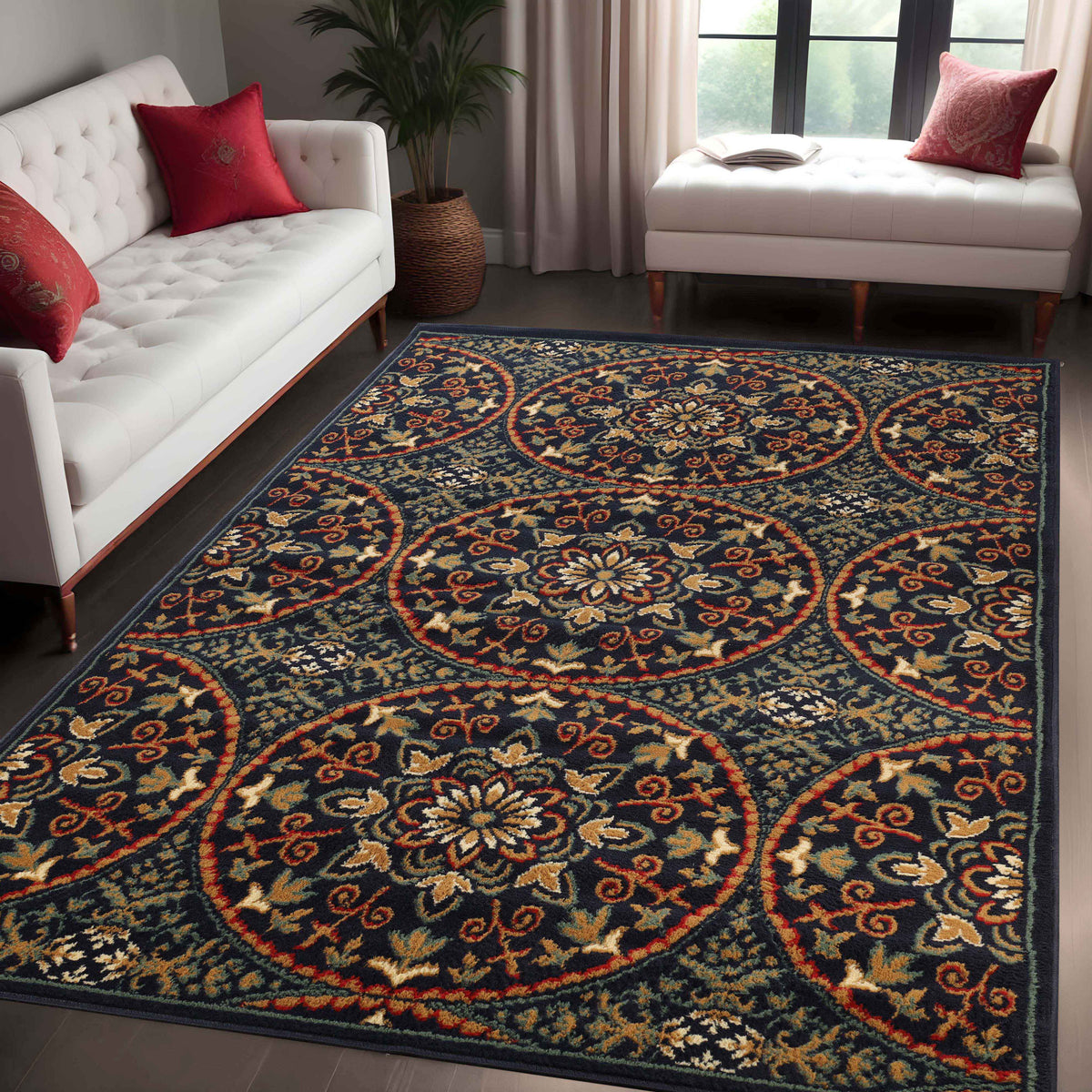 Fancy Geometric Medallion Floral Traditional Indoor Area Rug Midnight Blue