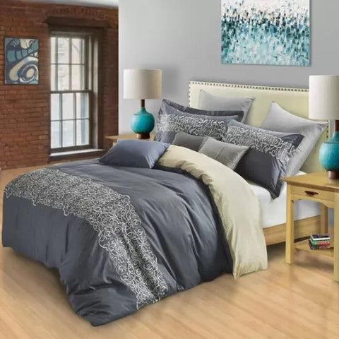 Harrison Embroidered Filigree Cotton Duvet Cover Set Gray