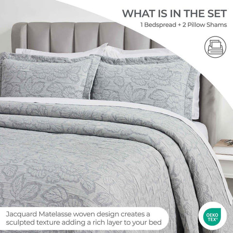 Cotton Bedspread Sets 3-Piece Hibiscus Floral Jacquard Matelassé