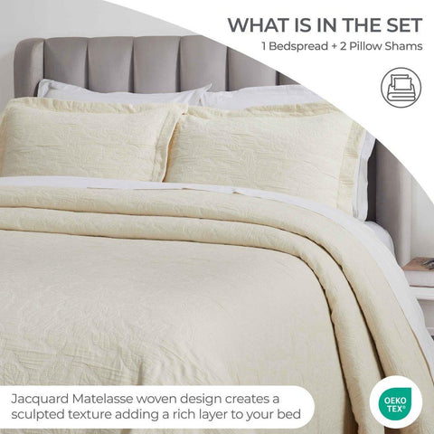 Cotton Bedspread Sets 3-Piece Hibiscus Floral Jacquard Matelassé