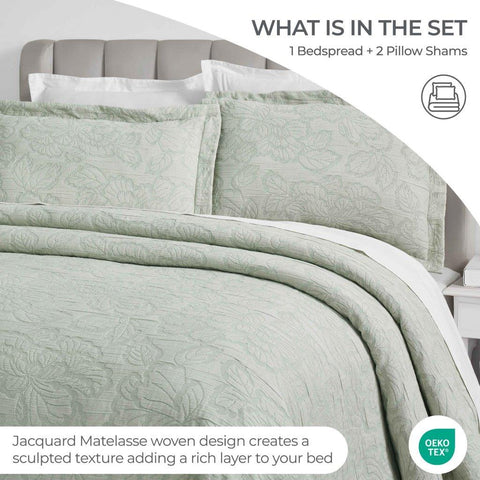 Cotton Bedspread Sets 3-Piece Hibiscus Floral Jacquard Matelassé