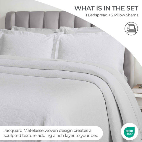 Cotton Bedspread Sets 3-Piece Hibiscus Floral Jacquard Matelassé
