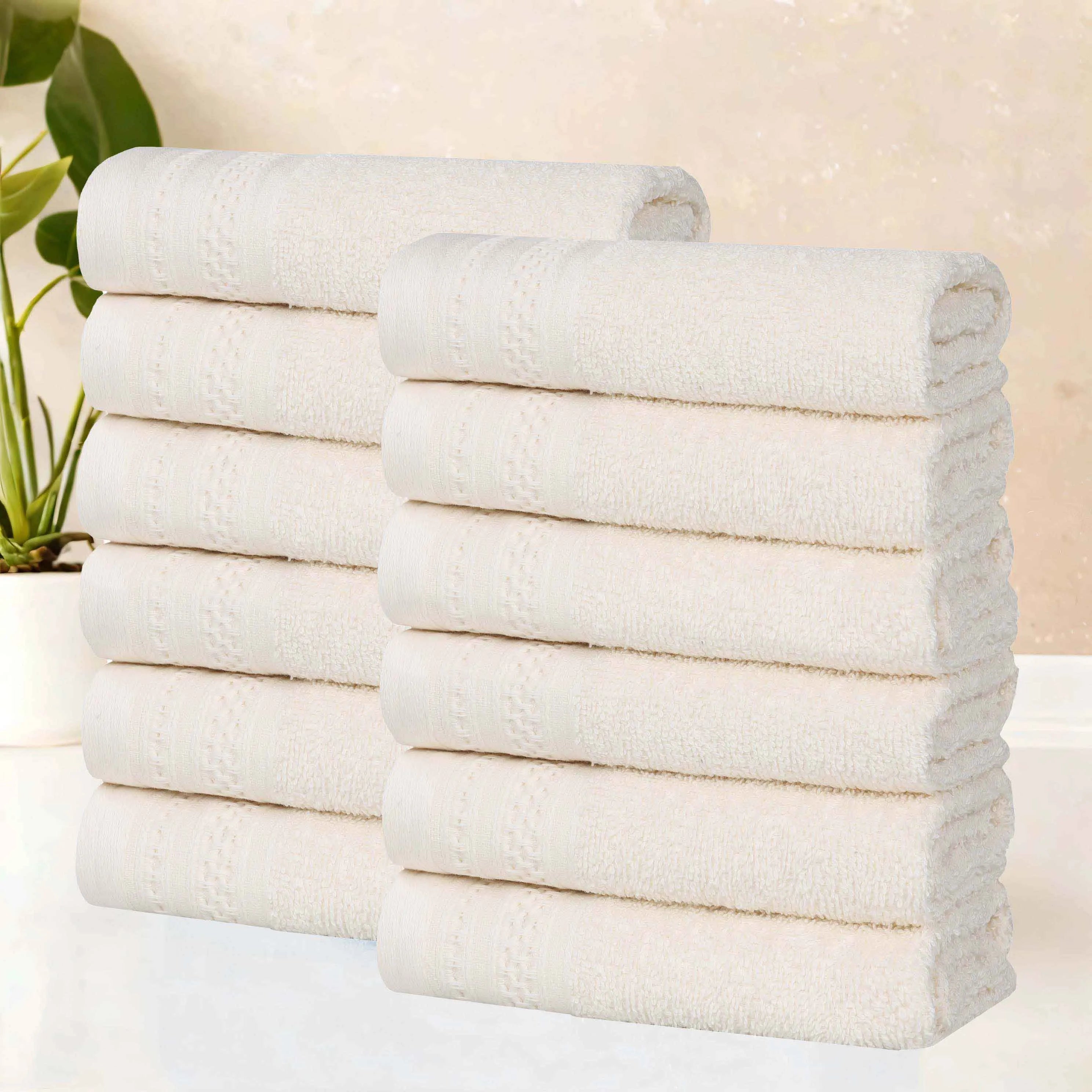 Honeycomb Textured Waffle Border Cotton Face Towels, Set of 12