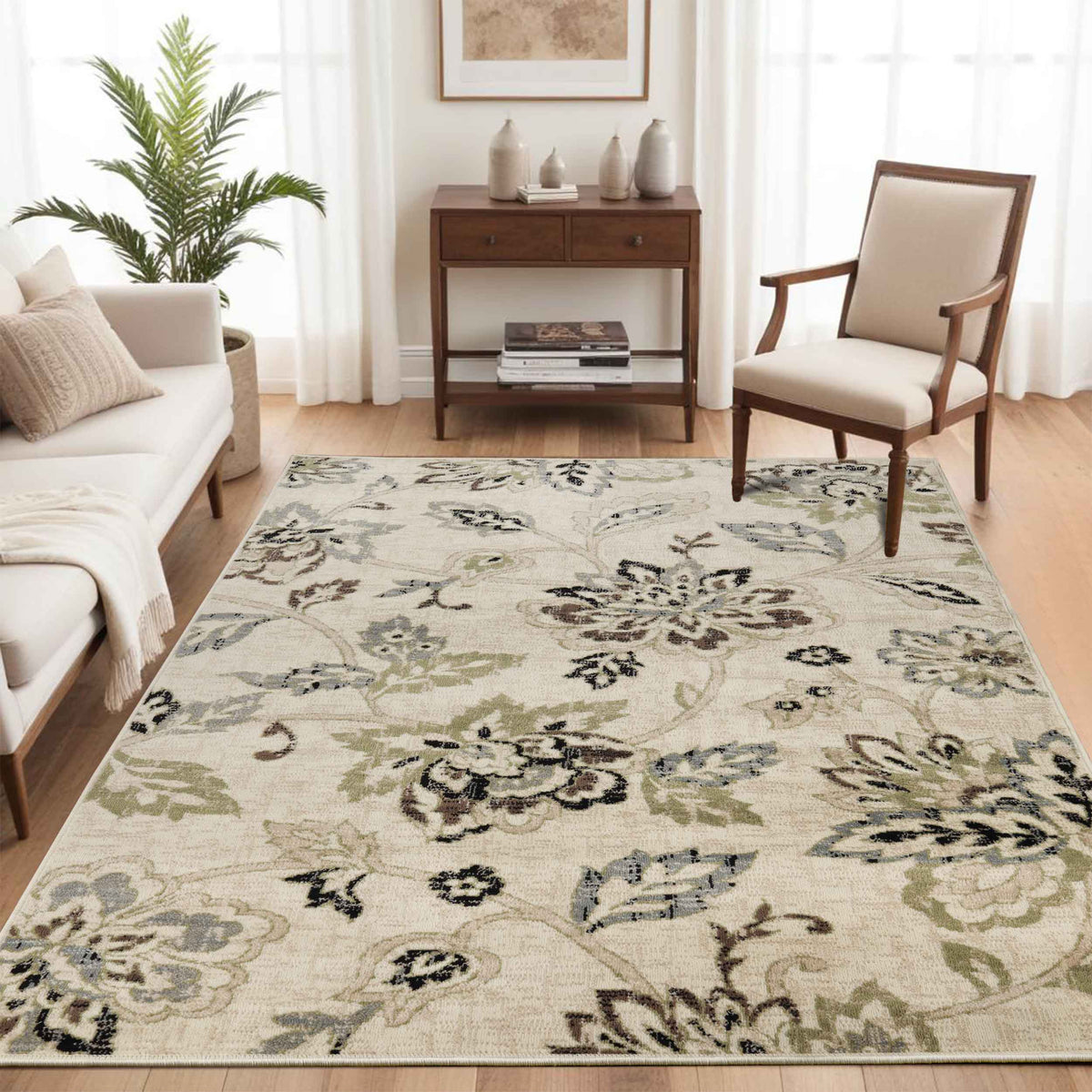 Jacobean Floral Modern Farmhouse Indoor Area Rug or Runner Rug