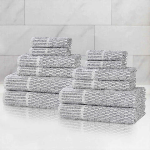 Juno Cotton Blend Textured Checkered Ribbed Border 12 Piece Towel Set