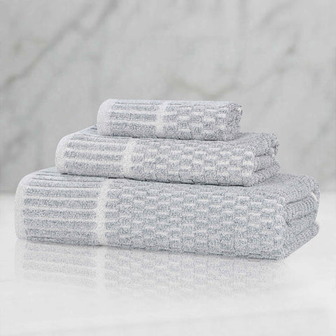 Juno Cotton Blend Textured Checkered Ribbed Border 3 Piece Towel Set