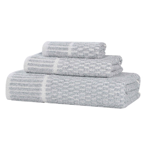 Juno Cotton Blend Textured Checkered Ribbed Border 3 Piece Towel Set