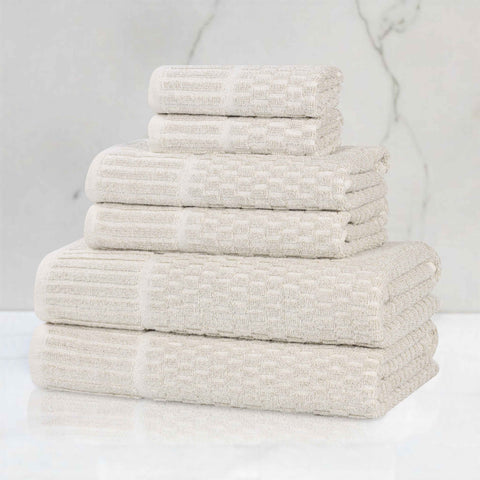 Juno Cotton Blend Textured Checkered Ribbed Border 6 Piece Towel Set
