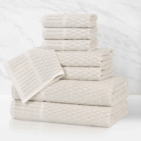 Juno Cotton Blend Textured Checkered Ribbed Border 8 Piece Towel Set