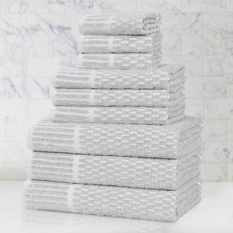 Juno Cotton Blend Textured Checkered Ribbed Border 9 Piece Towel Set