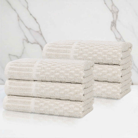 Juno Cotton Blend Textured Checkered Ribbed Border Hand Towels, Set of 6