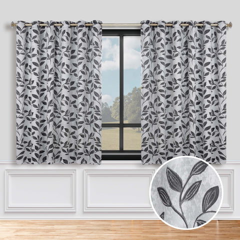 Blackout Curtains Leaves Pattern Room Darkening Grommet 2 Panels