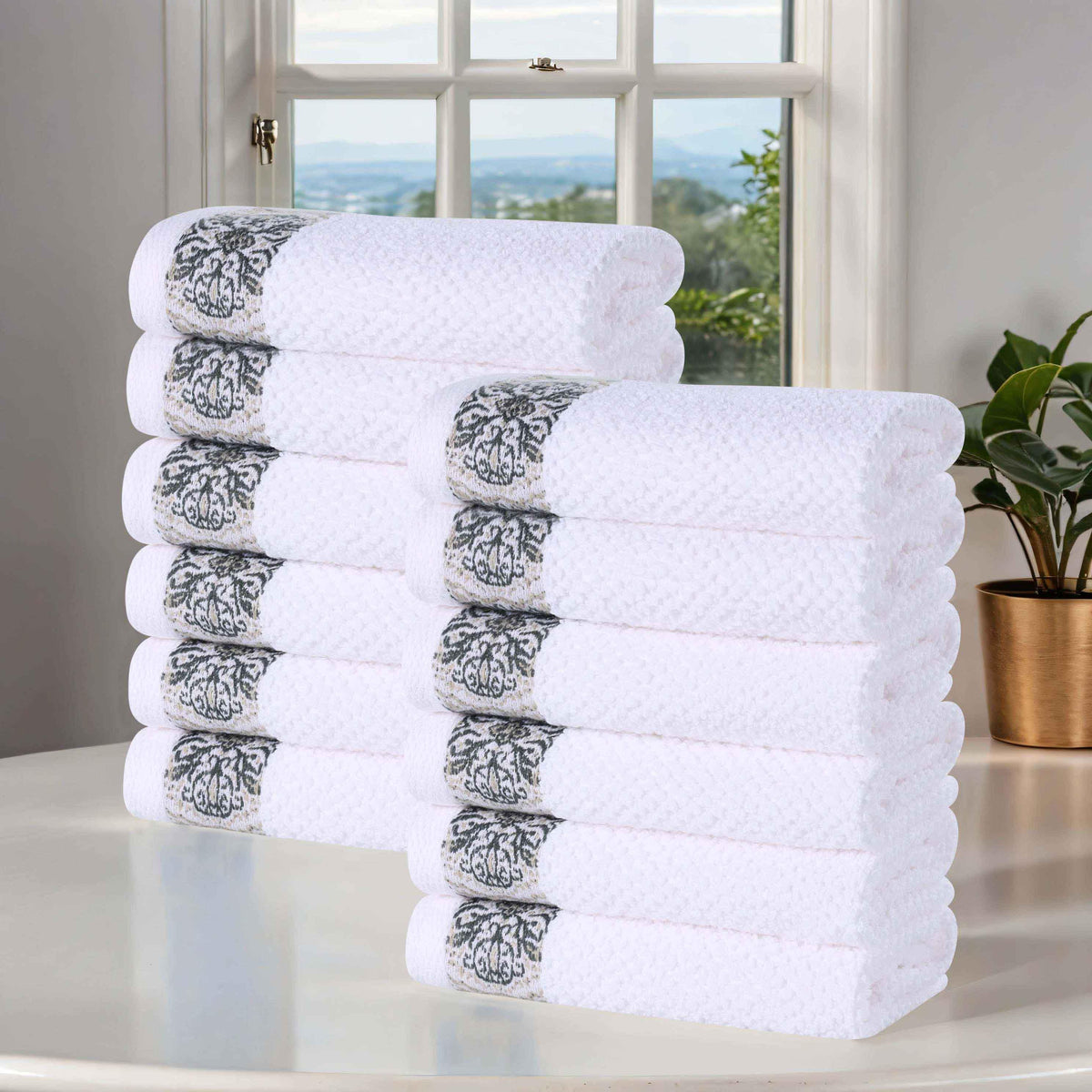 Medallion Cotton Jacquard Textured Face Towels/ Washcloths, Set of 12