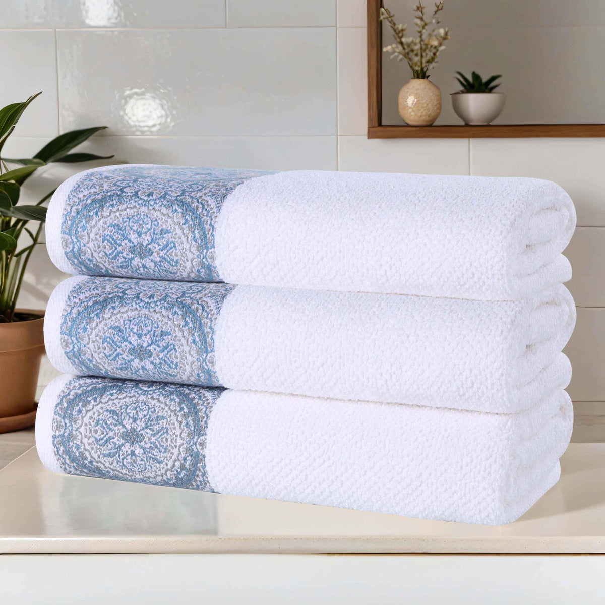 Medallion Cotton Jacquard Textured Soft Absorbent Bath Towel Set of 3