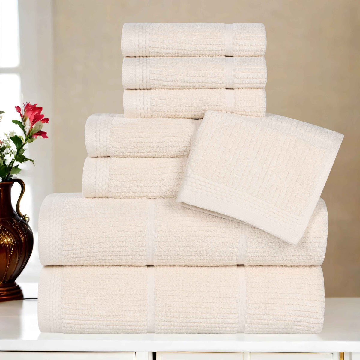 Milo Smart Twist Viscose Cotton Blend Solid Ribbed 8 Piece Towel Set